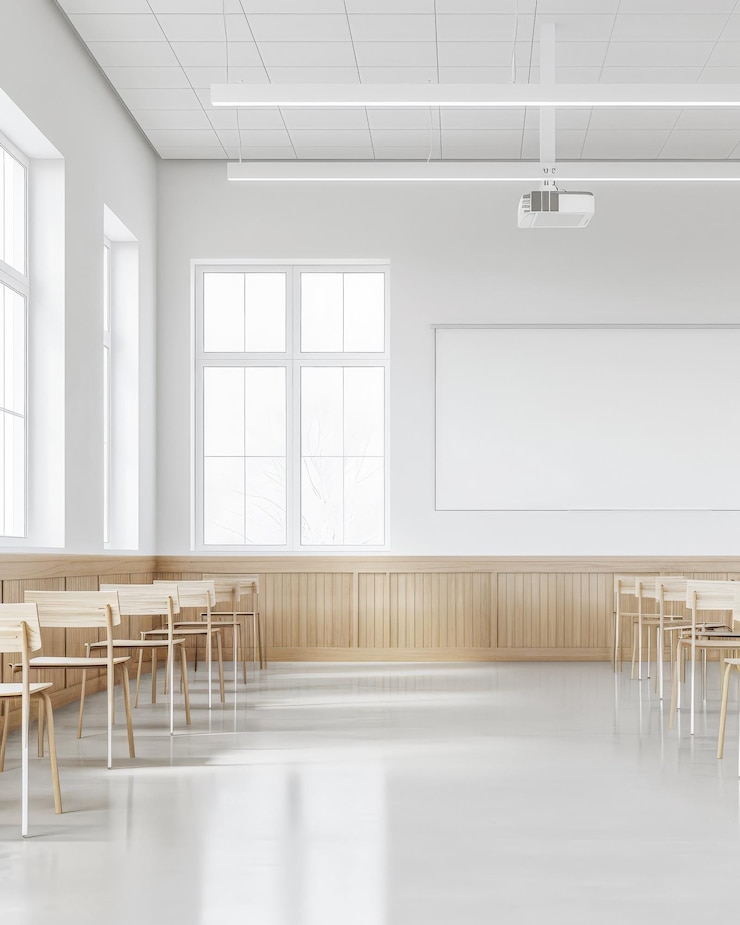 Foto ein minimalistisches leeres klassenzimmer mit modernen möbeln