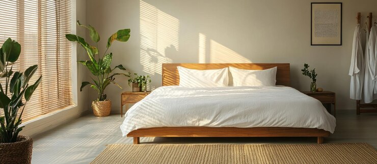 Ein minimalistisches Schlafzimmer mit natürlichem Licht und Grün
