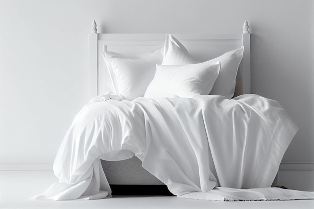 Ein minimalistisches Schlafzimmerbett mit weißer, sauberer Bettwäsche, bequemen Kissen und einer Decke als Kopierplatz für Generative AI
