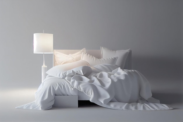 Ein minimalistisches Schlafzimmerbett mit weißer, sauberer Bettwäsche, bequemen Kissen und einer Decke als Kopierplatz für Generative AI