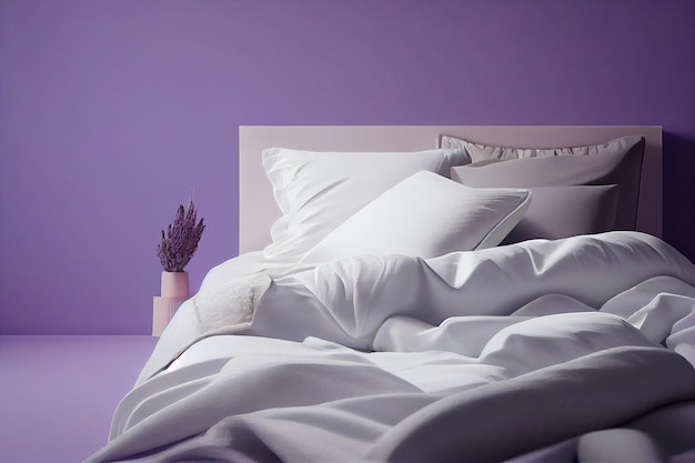 Ein minimalistisches Schlafzimmerbett mit weißer, sauberer Bettwäsche, bequemen Kissen und Steppdecken auf einem violetten, zarten Hintergrund mit lila Wänden, ein Kopierplatz für generative KI