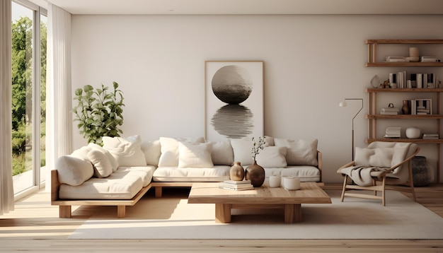 Ein minimalistisches, skandinavisch inspiriertes Wohnzimmer mit klaren Linien, natürlichem Licht und einer Mischung aus Texturen