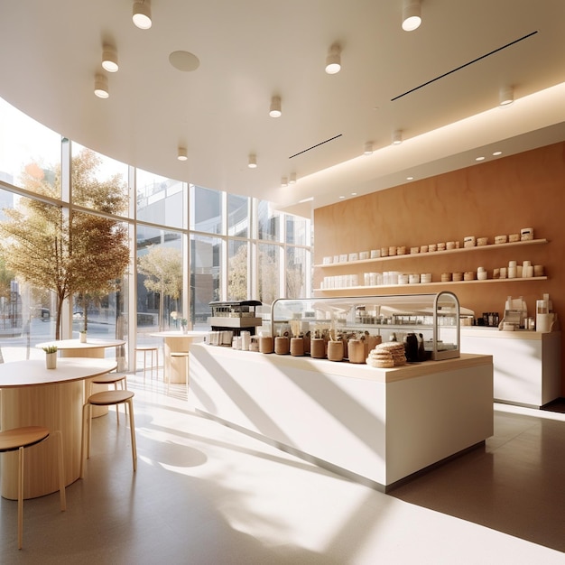 Ein minimalistisches, von Korea inspiriertes Café mit einer eleganten, glänzenden, elfenbeinweißen Arbeitsplatte, ein entzückendes Schaufenster