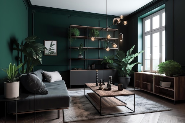 Ein minimalistisches Wohnzimmer mit einem Sofa, einer Lampe und Pflanzendekoration