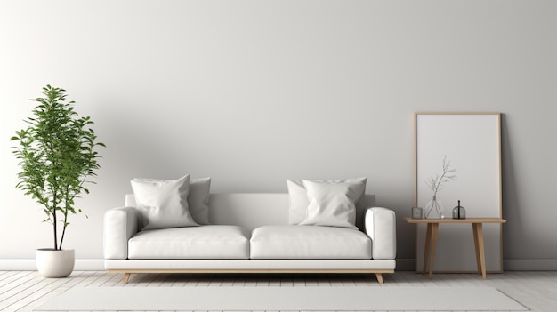 Ein minimalistisches Wohnzimmer mit einer schlichten, schlichten weißen Wand