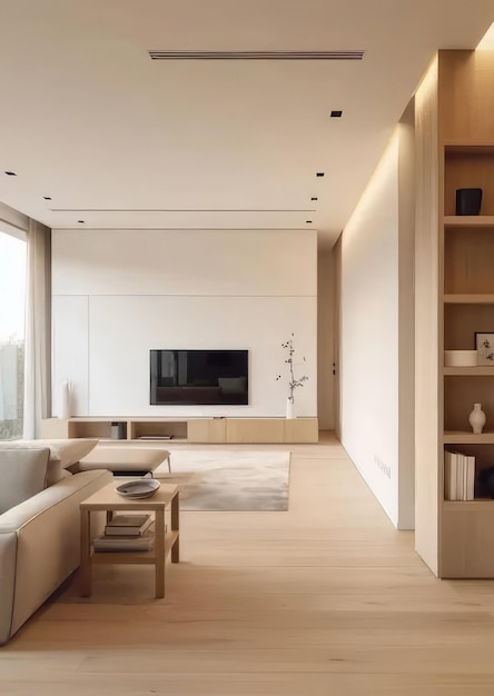 Ein minimalistisches Wohnzimmer mit hellen Holzböden, weißen Wänden und sanfter Beleuchtung aus einem integrierten