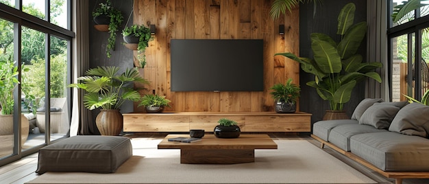 Ein minimalistisches Wohnzimmer mit TV an einer ungeschmückten Wand Möbel Laminat Schrank weißer Boden und 3D-Rendering