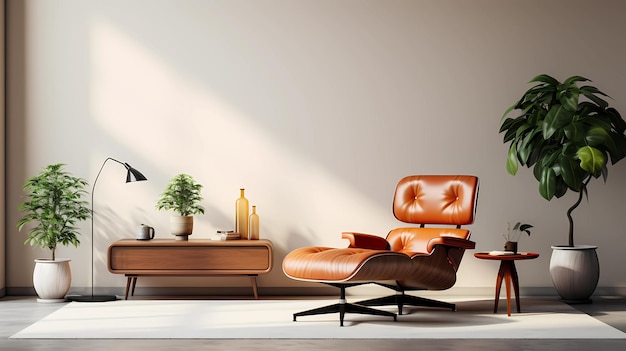 Ein minimalistisches Zimmer mit modernen Designelementen aus der Mitte des Jahrhunderts
