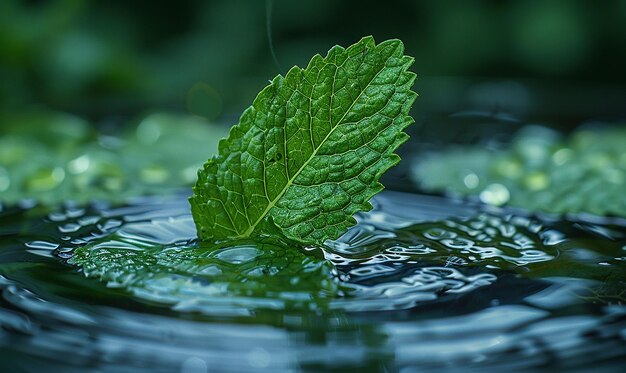 ein Minzblatt schwebt im Wasser