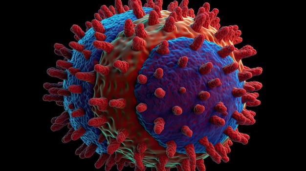 Ein mit dem Coronavirus in Zusammenhang stehendes Bild eines Virus mit roten und blauen Stacheln.