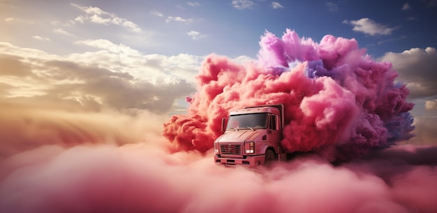 Ein mit flauschigen Pastellwolken beladener LKW liefert ein Geschenk der Hoffnung, Träume und positiv denkende Fantasie