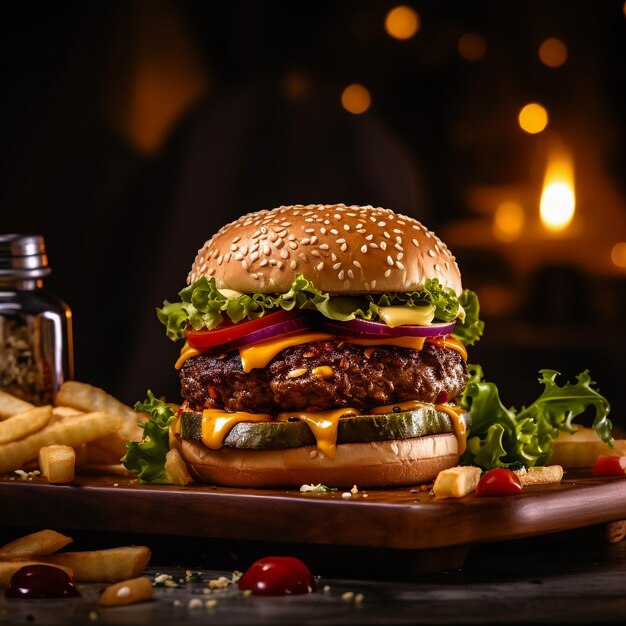 Ein mit Gemüse und Vorspeisen gefüllter Rindfleischburger, serviert mit Pommes Frites