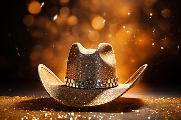 Ein mit Glitzer bedeckter Cowboyhut sticht vor einem Hintergrund aus sanften goldenen Glanzlichtern und luftigen Funken hervor und schafft eine Atmosphäre der Gemütlichkeit
