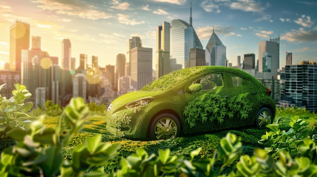 ein mit Gras bedecktes Auto auf einer Stadt-Skyline