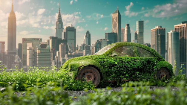 ein mit grünen Pflanzen bedecktes Auto vor einer städtischen Generative ai