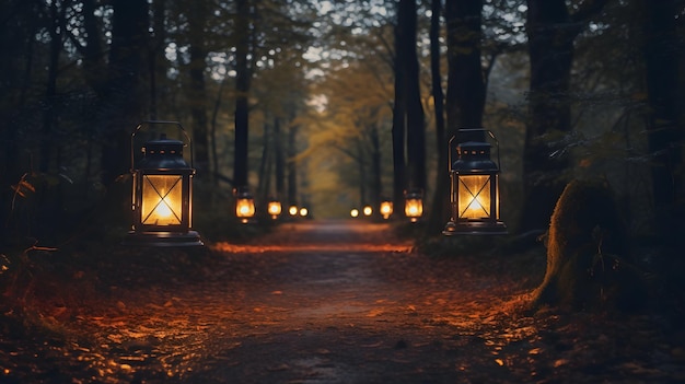 Ein mit Laternen beleuchteter Weg durch einen Wald in der Dämmerung