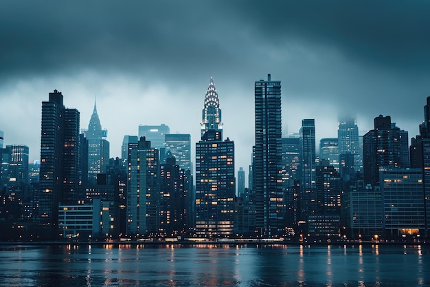 Ein mit Lichtern entzündetes Stadtbild leuchtet hell gegen einen dunklen und sternlosen Nachthimmel Die Skyline der Stadt ist mit Wolkenkratzern in unterschiedlicher Höhe übersät KI generiert