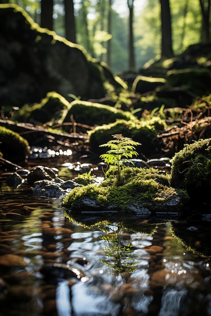 Ein mit Moos bedeckter Felsen im Vordergrund, KI-generativ