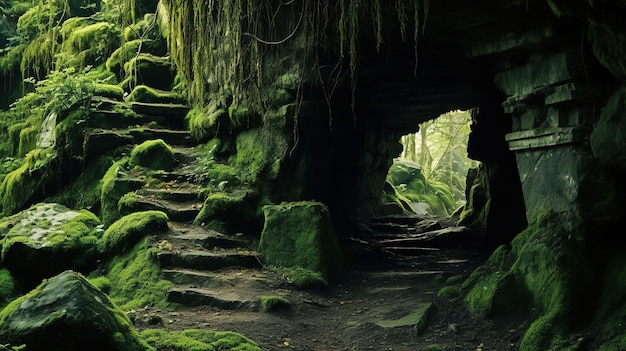 Ein mit Moos bedeckter Tunnel führt zu einer Höhle.