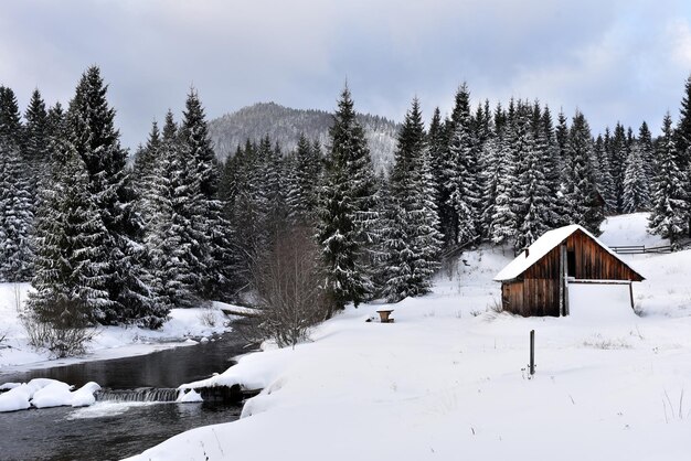 Ein mit Schnee bedecktes Alpenhaus im Winter in den Bergen