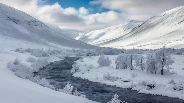 Ein mit Schnee bedecktes Tal an einem kalten Wintertag unter dem hellen, bewölkten Himmel