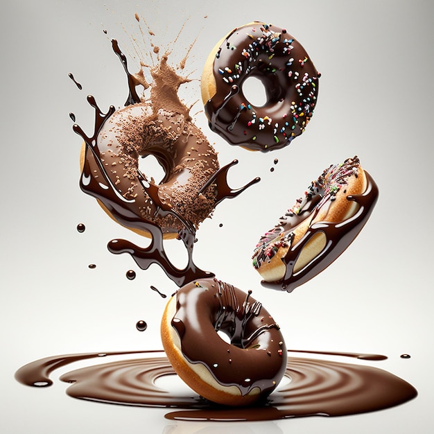 Ein mit Schokolade und Streuseln überzogener Donut fliegt durch einen Spritzer Schokolade.