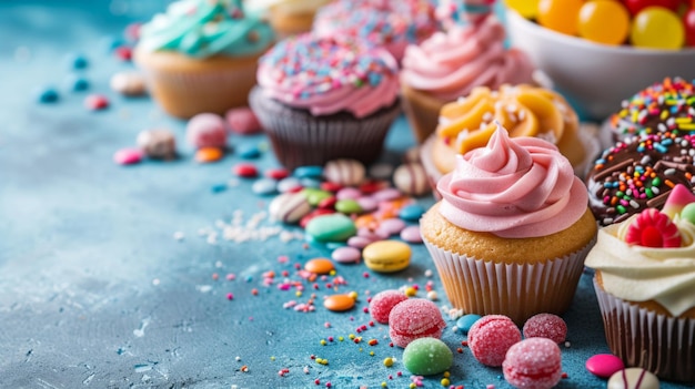 Ein mit Süßigkeiten bedeckter Tisch versorgt Cupcakes und Süßigkeiten für einen Geburtstag mit Süßigkeitsthemen