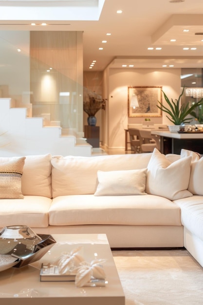 Ein mit Tageslicht versehenes Wohnzimmer in einem zeitgenössischen Haus mit einem stilvollen und kreativen Innenarchitektur in einer beruhigenden weißen und beigenfarbenen Palette, einfach und doch elegant