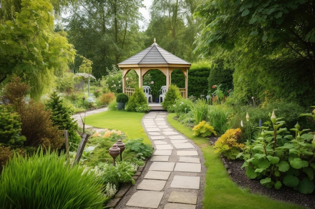 Ein mit Trittsteinen gesäumter Gartenweg, der zu einem Pavillon führt