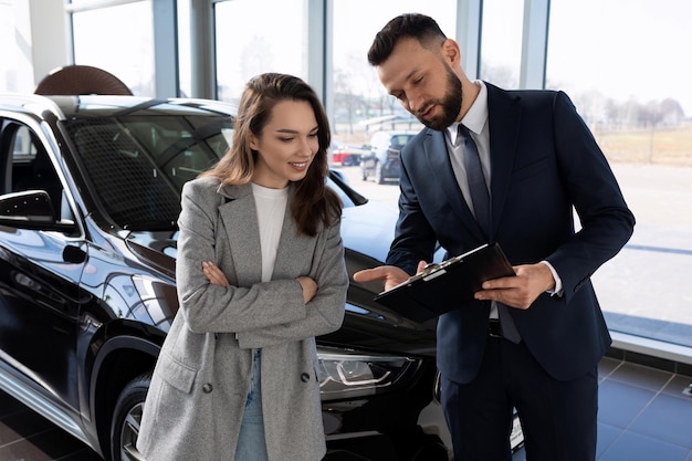 Ein Mitarbeiter eines Autohauses erstellt für eine Käuferin Dokumente für ein neues Auto