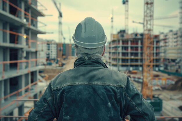 Ein mittelalterlicher grauhaariger Bauarbeiter trägt einen Hut und steht auf der Baustelle rückwärts.