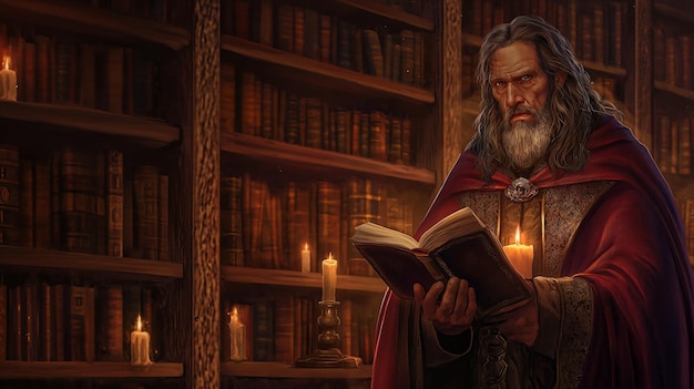 Ein mittelalterlicher Mann, ein Zauberer, der in einer Bibliothek sitzt und von Bücherregalen umgeben ist, und sich damit beschäftigt, ein Buch zu lesen
