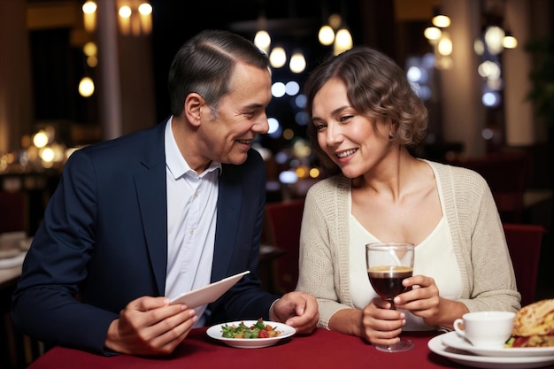 Foto ein mittelalterlicher mann und eine frau, ein glückliches paar zusammen am tisch eines restaurants