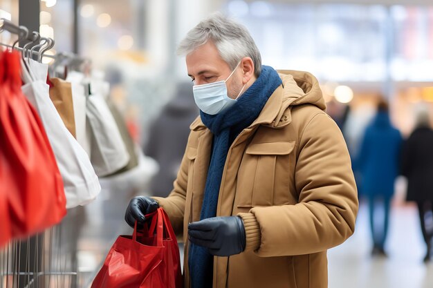 Foto ein mittelgroßer mann mit maske geht einkaufen.