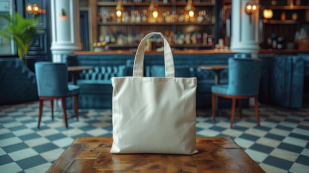 Ein Mockup einer leeren Leinwandtasche gegen einen trendigen Café-Hintergrund, ideal für die Förderung einer Mode