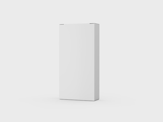 Ein Mockup einer weißen rechteckigen Kartonbox für ein Verpackungskonzept, das auf einer vertikalen 3D-Illustration steht