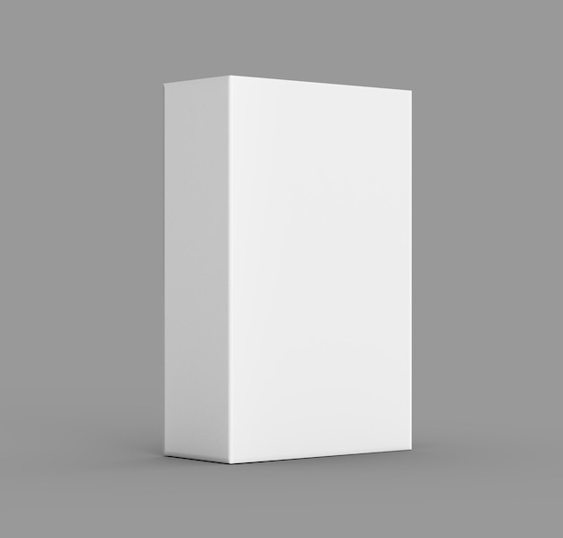 Ein Mockup einer weißen rechteckigen Kartonbox für ein Verpackungskonzept, das auf einer vertikalen 3D-Illustration steht