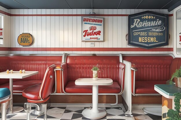 Foto ein mockup eines vintage-diner-inspirierten wohnzimmers mit retro-kabinen und schildern