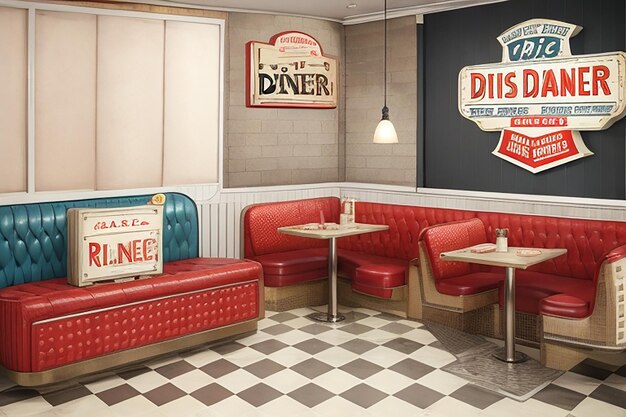 Foto ein mockup eines vintage-diner-inspirierten wohnzimmers mit retro-kabinen und schildern