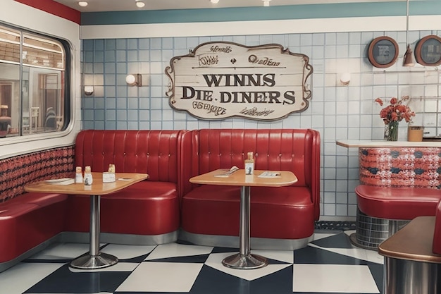 Foto ein mockup eines vintage-diner-inspirierten wohnzimmers mit retro-kabinen und schildern