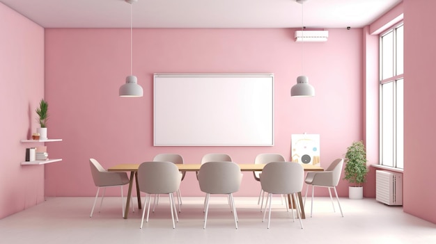 Ein Mockup für ein Single-Frame-TV 55 weißer Bildschirm Weiche rosa Wand Büro Sitzungsraum Generative AixD