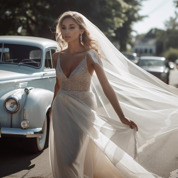 ein Model in einem Hochzeitskleid steht vor einem klassischen Auto.