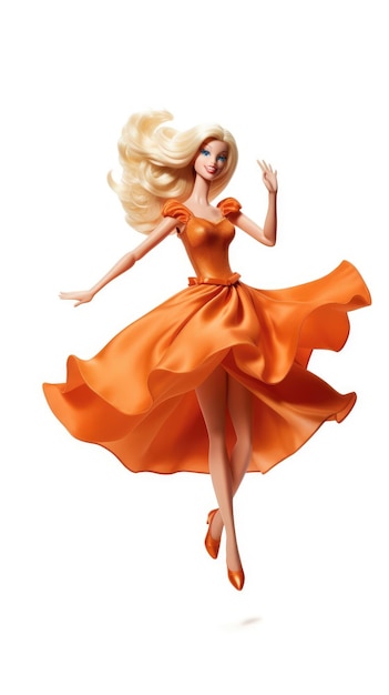 Ein Model in einem orangefarbenen Kleid mit langen blonden Haaren.