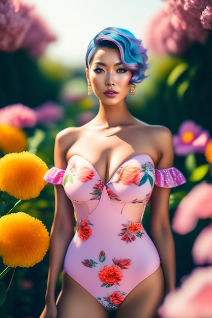 Ein Model in einem rosa Kleid mit Blumenmuster