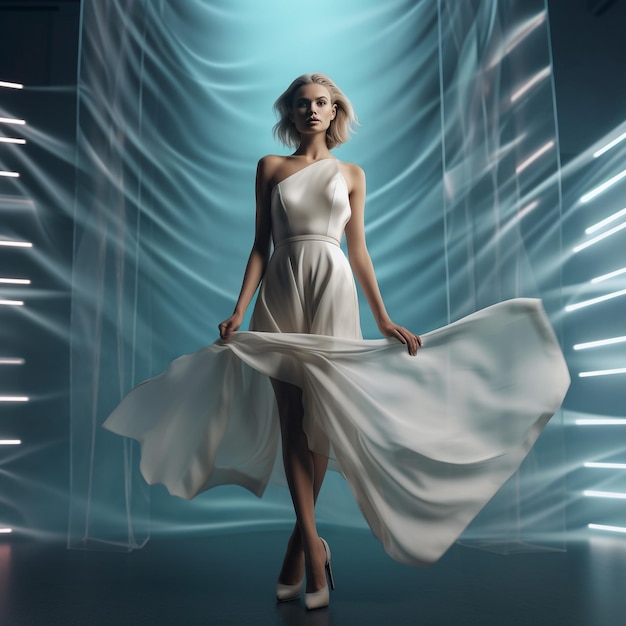 ein Model in einem weißen Kleid mit einem langen weißen Rock.