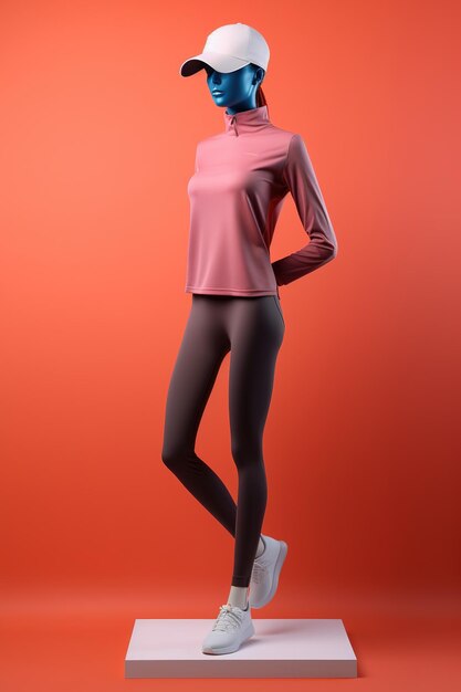 Foto ein model in rosa kapuzenpullover und leggings steht vor rotem hintergrund.