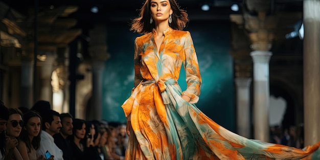 Ein Model läuft in einem orange-grünen Kleid im Stil orientalistischer Bilder über den Laufsteg