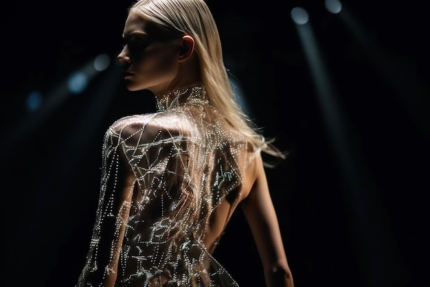 Ein Model-Mädchen läuft in einem ungewöhnlichen transparenten, futuristischen Alien-Outfit über den Laufsteg bei einer Modenschau der ZukunftGenerative AI Illustration Fashion Week