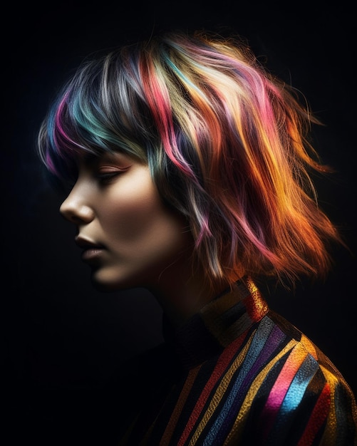 Ein Model mit bunten Haaren und einem regenbogenfarbenen Stirnband