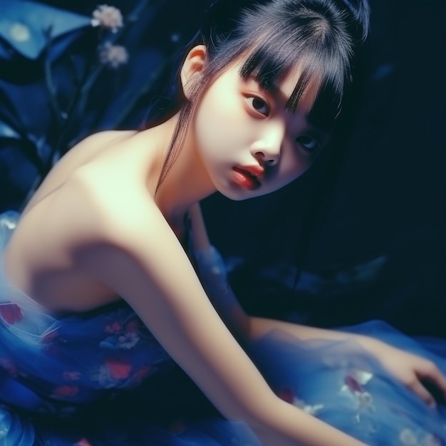 ein Model mit einem blauen Kleid und einer Blume am Po